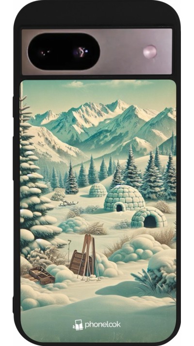 Coque Google Pixel 8a - Silicone rigide noir Vintage Snowy Mountain Igloo