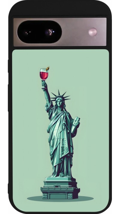 Coque Google Pixel 8a - Silicone rigide noir Wine Statue de la liberté avec un verre de vin