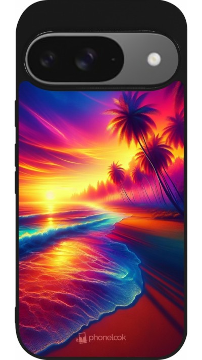 Google Pixel 9 / Pixel 9 Pro Case Hülle - Silikon schwarz Strand Sonnenuntergang auffällig