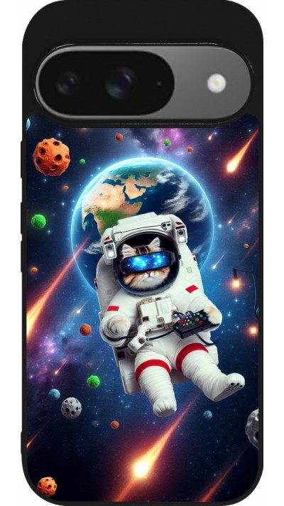 Google Pixel 9 / Pixel 9 Pro Case Hülle - Silikon schwarz VR SpaceCat Odyssee