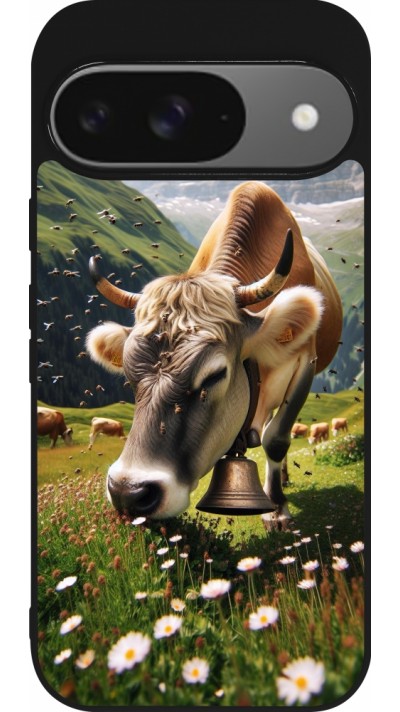 Coque Google Pixel 9 / Pixel 9 Pro - Silicone rigide noir Vache montagne Valais