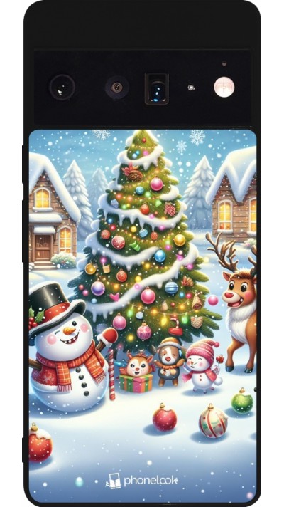 Google Pixel 6 Pro Case Hülle - Silikon schwarz Weihnachten 2023 Schneemann und Tannenbaum