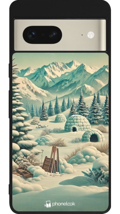 Google Pixel 7 Case Hülle - Silikon schwarz Vintage Schneebedeckter Berg Iglu