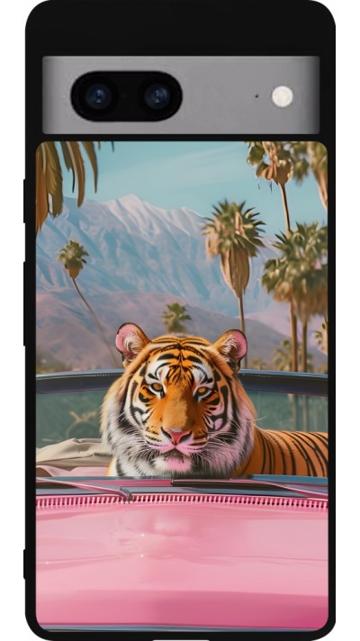 Google Pixel 7a Case Hülle - Silikon schwarz Tiger Auto rosa