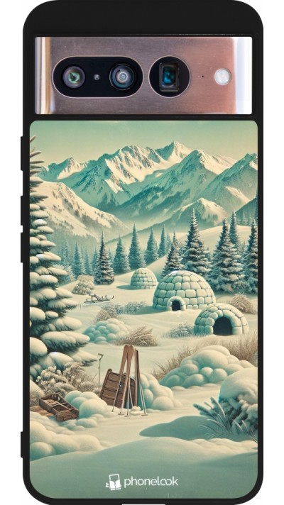 Google Pixel 8 Case Hülle - Silikon schwarz Vintage Schneebedeckter Berg Iglu