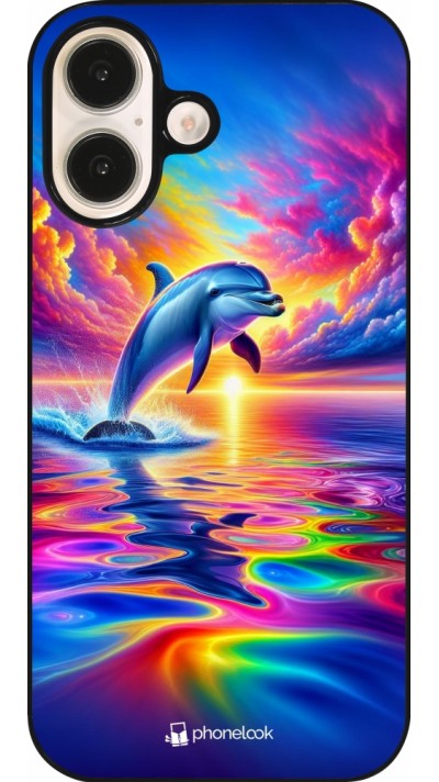 Coque iPhone 16 - Dauphin arc-en-ciel heureux