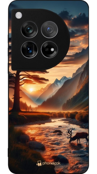 OnePlus 12 Case Hülle - Silikon schwarz Tal Sonnenuntergang Hirsch Baum