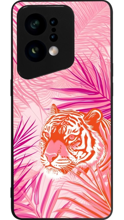 Coque OPPO Find X5 - Silicone rigide noir Tigre palmiers roses