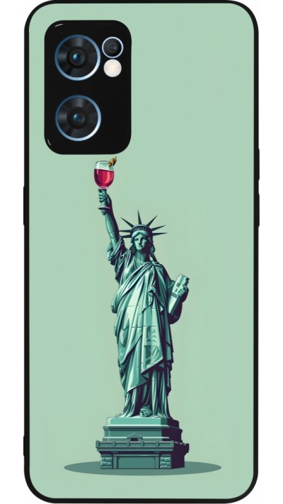 Coque OPPO Reno7 5G - Silicone rigide noir Wine Statue de la liberté avec un verre de vin