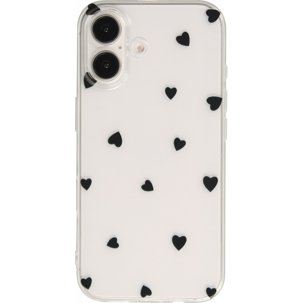 Coque iPhone 16 - Gel petit coeur transparent - Noir