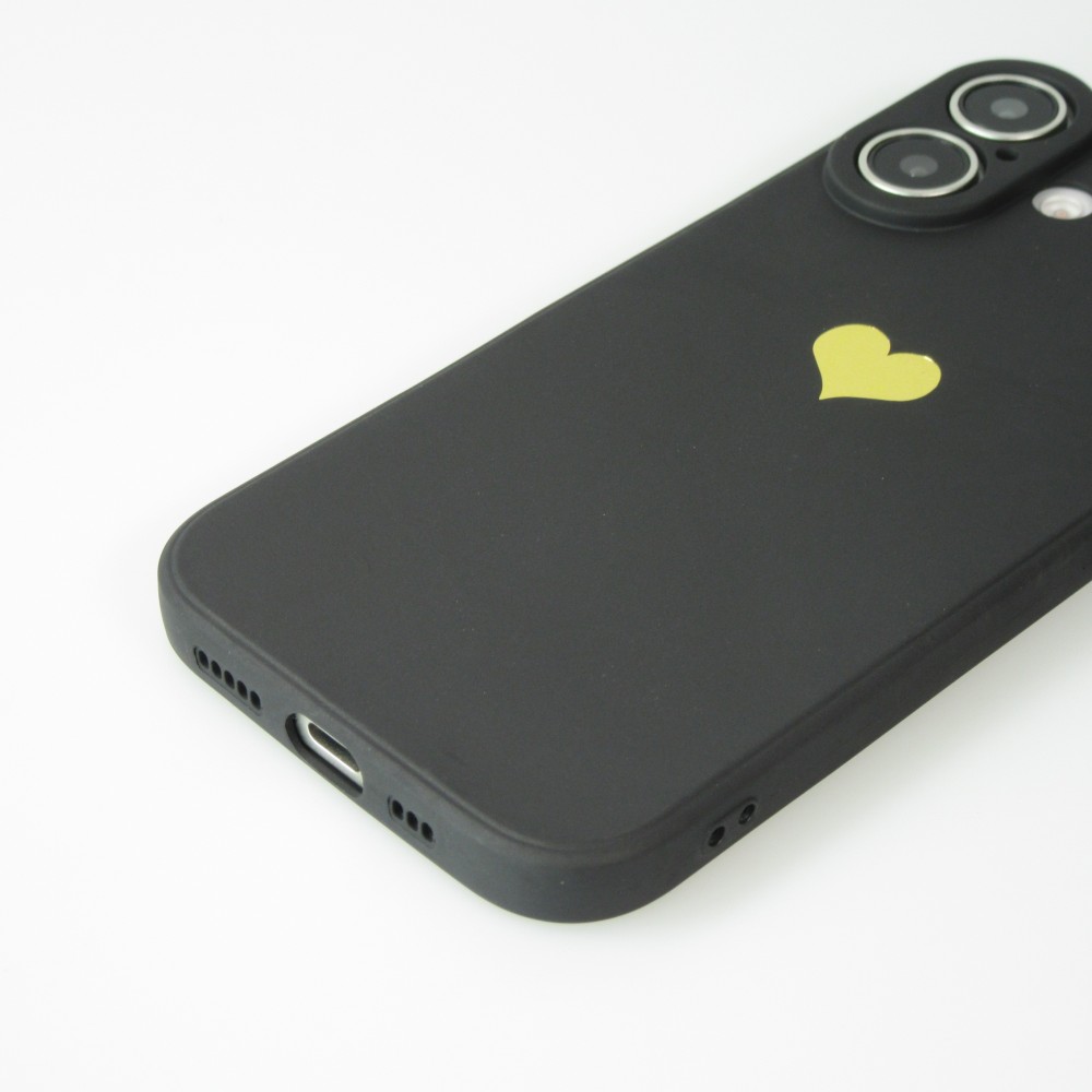 Coque iPhone 16 - Silicone Mat Coeur doré - Noir