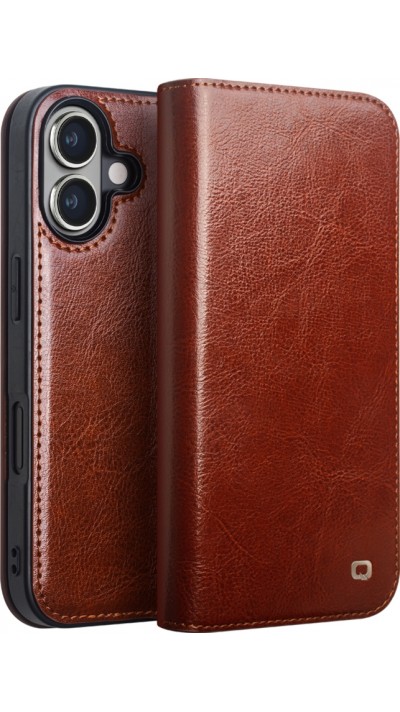 Fourre iPhone 16 - Flip Qialino Classic Wallet cuir véritable - Brun