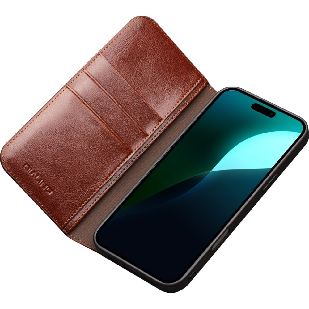 Fourre iPhone 16 - Flip Qialino Classic Wallet cuir véritable - Brun