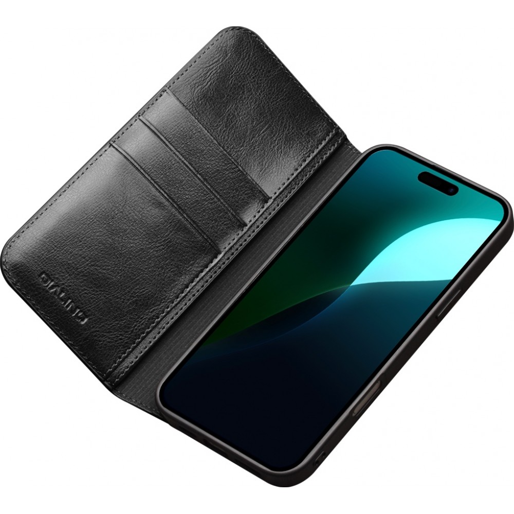 Fourre iPhone 16 - Flip Qialino Classic Wallet cuir véritable - Noir